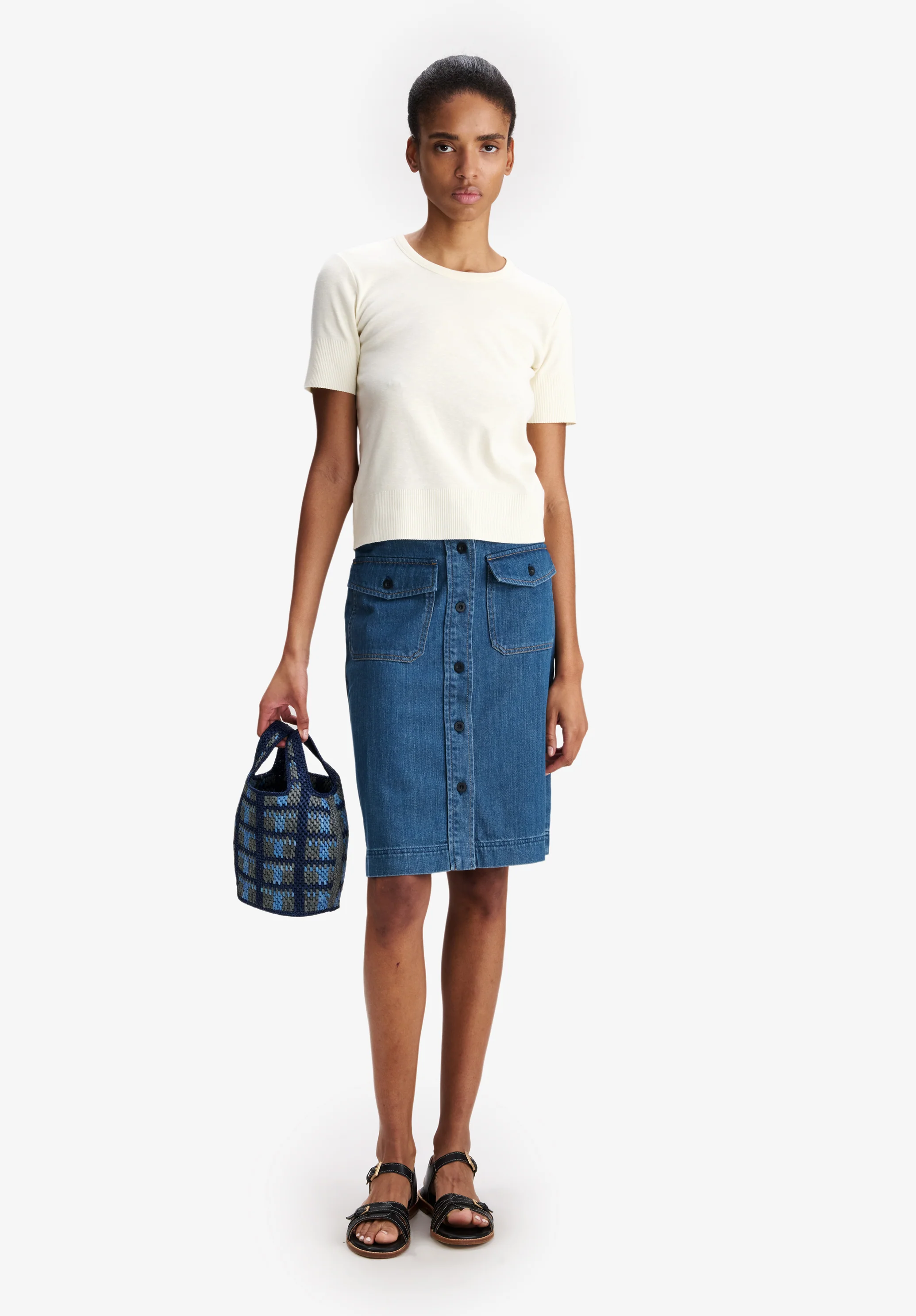 Faded Denim Skirt With Pockets