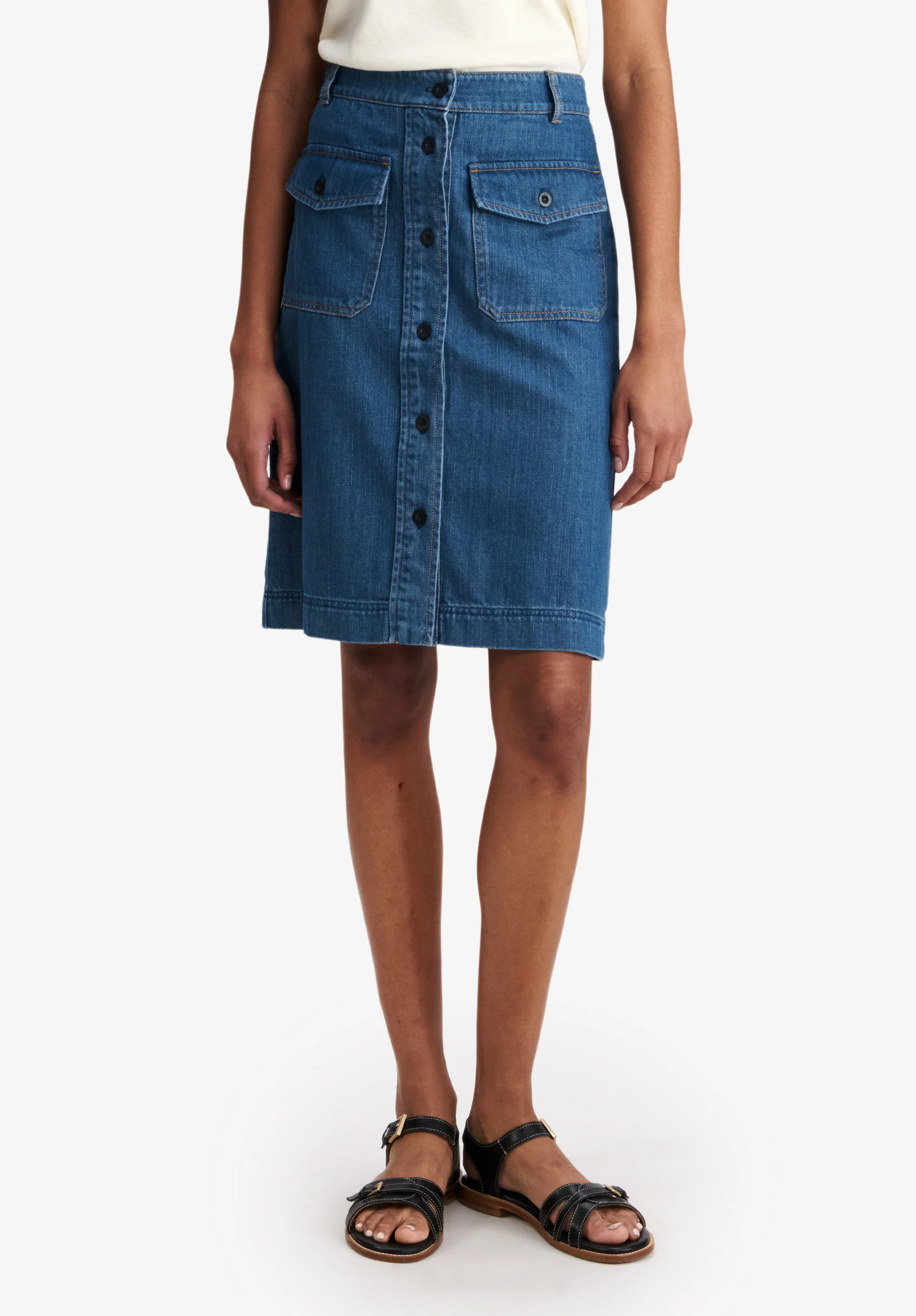 Faded Denim Skirt With Pockets